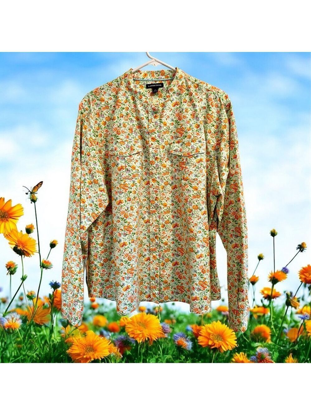 Lands End Button Up Shirt Women 18 - 20 Multicolor Cotton Roll Tab Sleeve Pocket